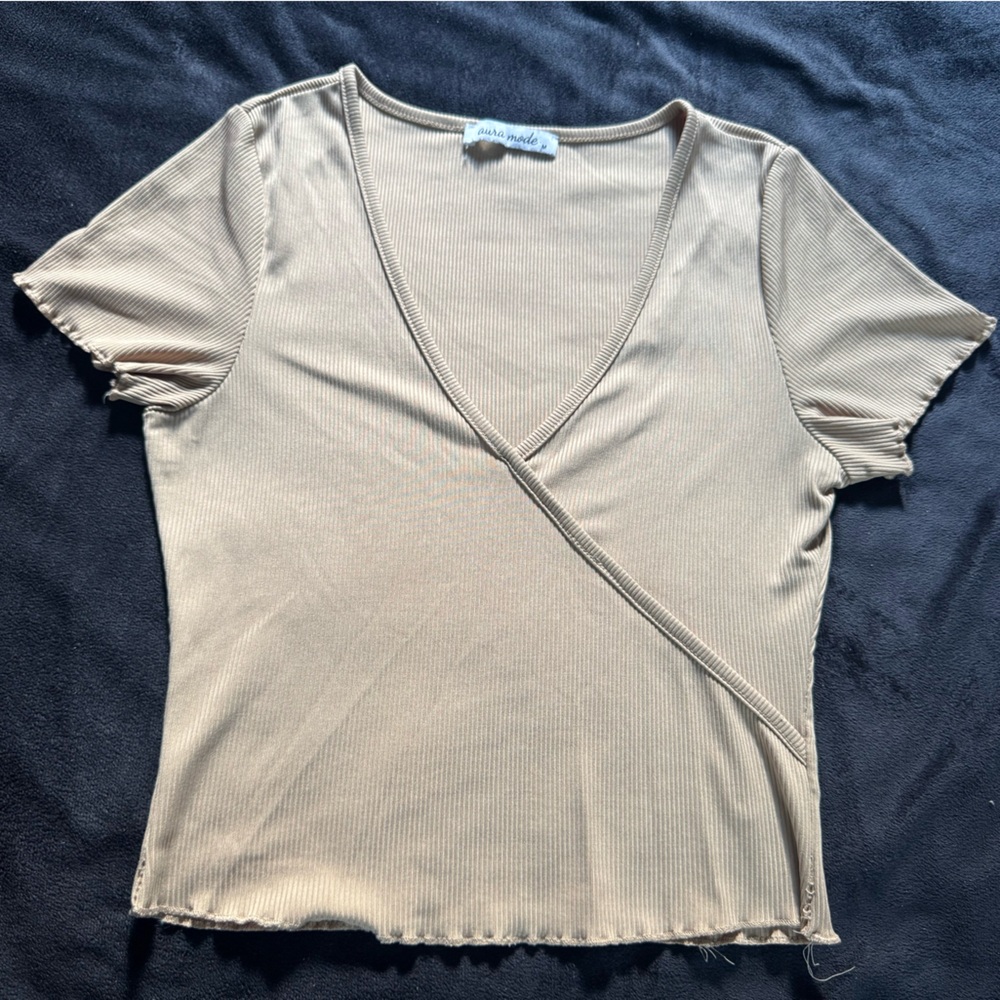 Beige Ribbed V-Neck Top